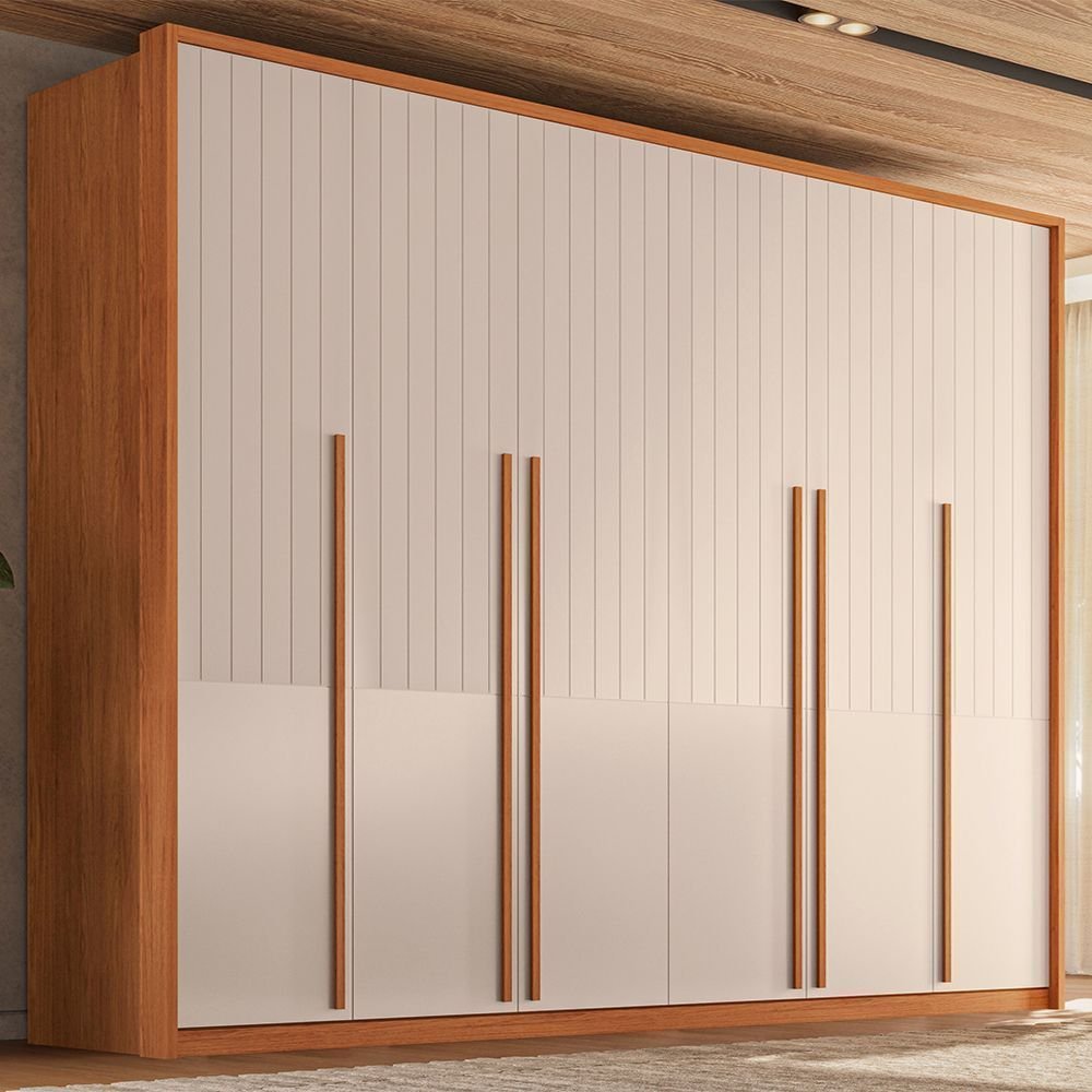 Guarda-Roupa Casal com Frisado 6 Portas 6 Gavetas Suburban Gold 100% MDF Espresso Móveis Off White/Freijó Off