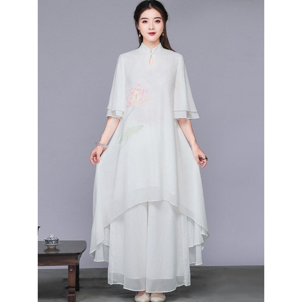 Tai Chi roupas fada fofo oito seções brocado prática roupas estilo chinês branco zen roupas femininas zen dança roupas v