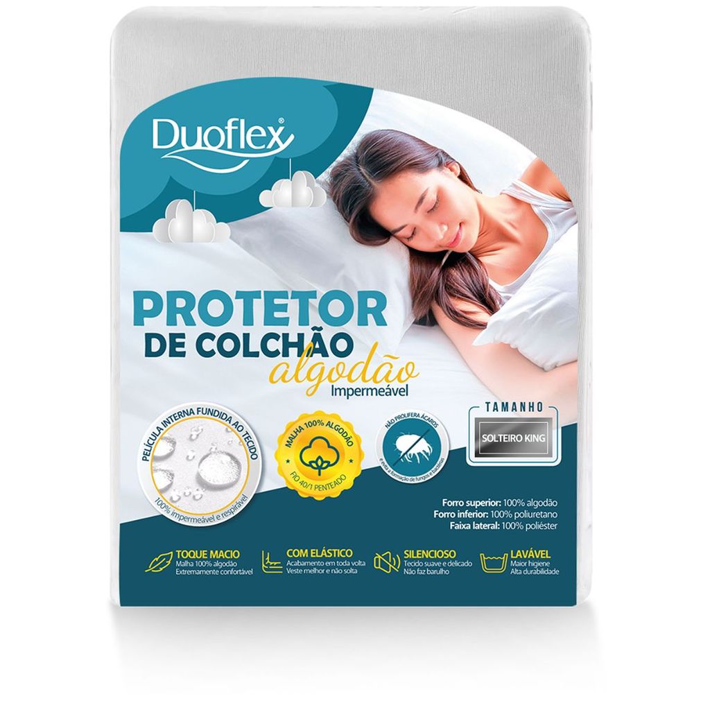 Protetor de Colchão Algodão Impermeável Antialérgico com Elástico Capa Solteiro King Duoflex