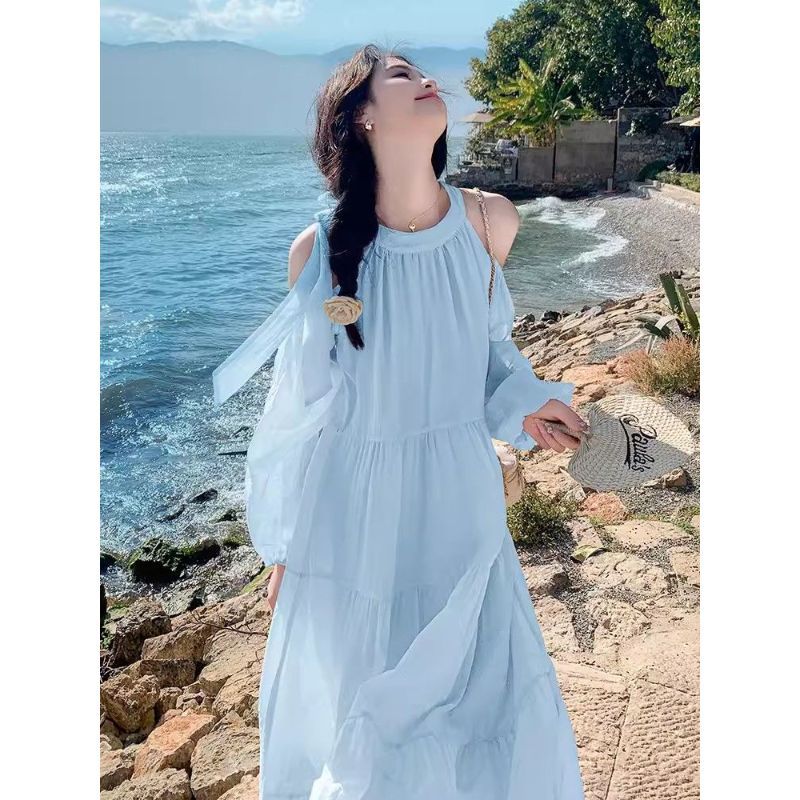 [Nova chegada] vestido solto verão novo estilo Super fada em torno do pescoço doce nicho cor sólida fora do ombro vestid