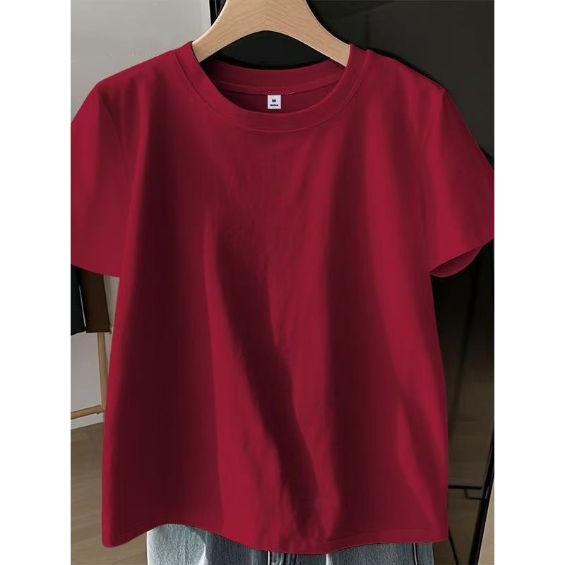 Crianças roupas de verão borgonha algodão simples em torno do pescoço de manga curta camiseta médio grande crianças verã