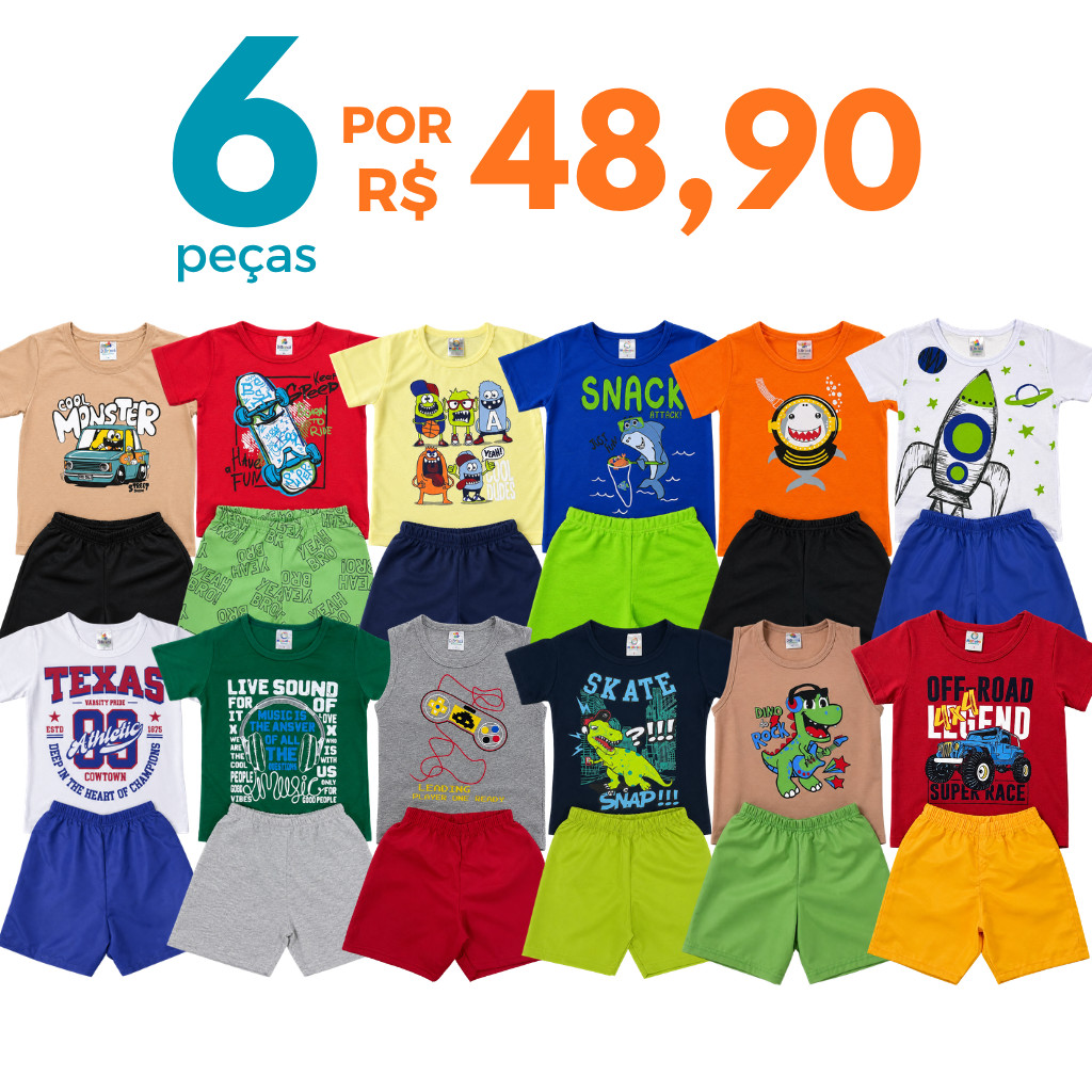 Kit 6 peças Conjunto Verão Roupa Menino Infantil 3 Camiseta e 3 Shorts/Bermudas Sortidos 3 Conjuntos