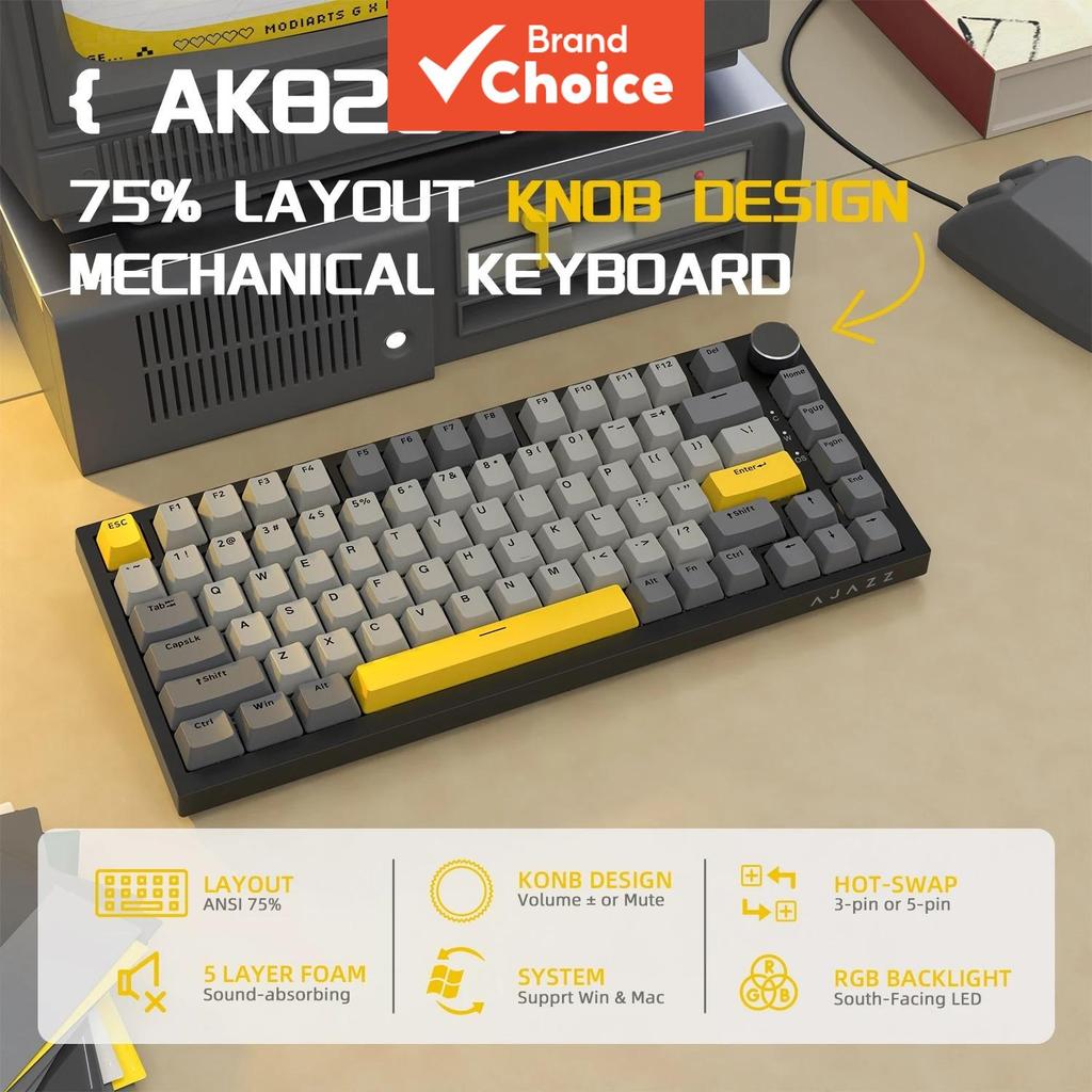 AJAZZ AK820 75 % Mecânico Teclado Para Jogos 82 Teclas Com Fio USB RGB Retroiluminado Hot Swap Gasket Mount Compacto PC