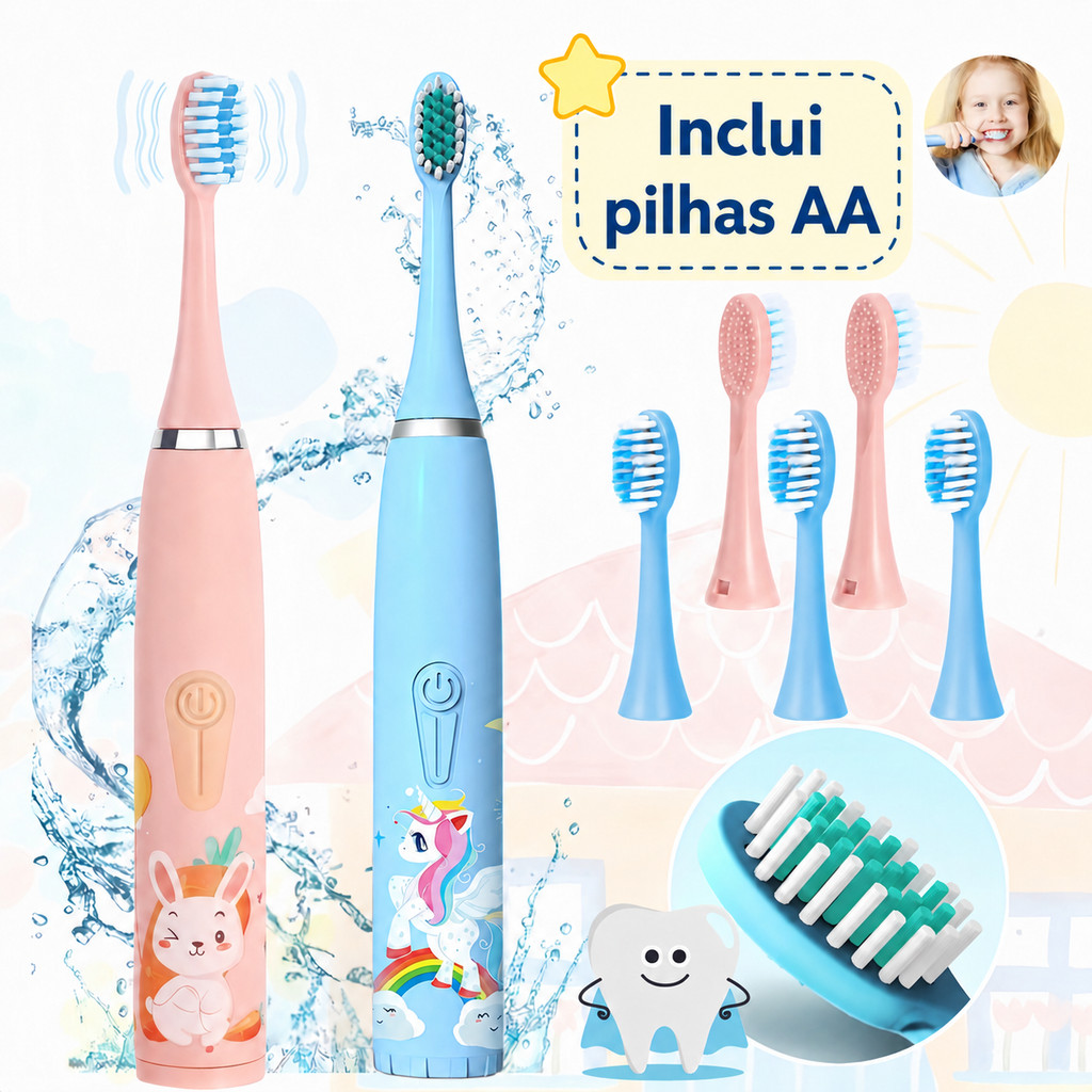 Escova Dental Elétrica Ultra-Sônica Para Crianças Acústica Onda Fofa Cabelos Suaves Dupla Face Limpa Cuidados