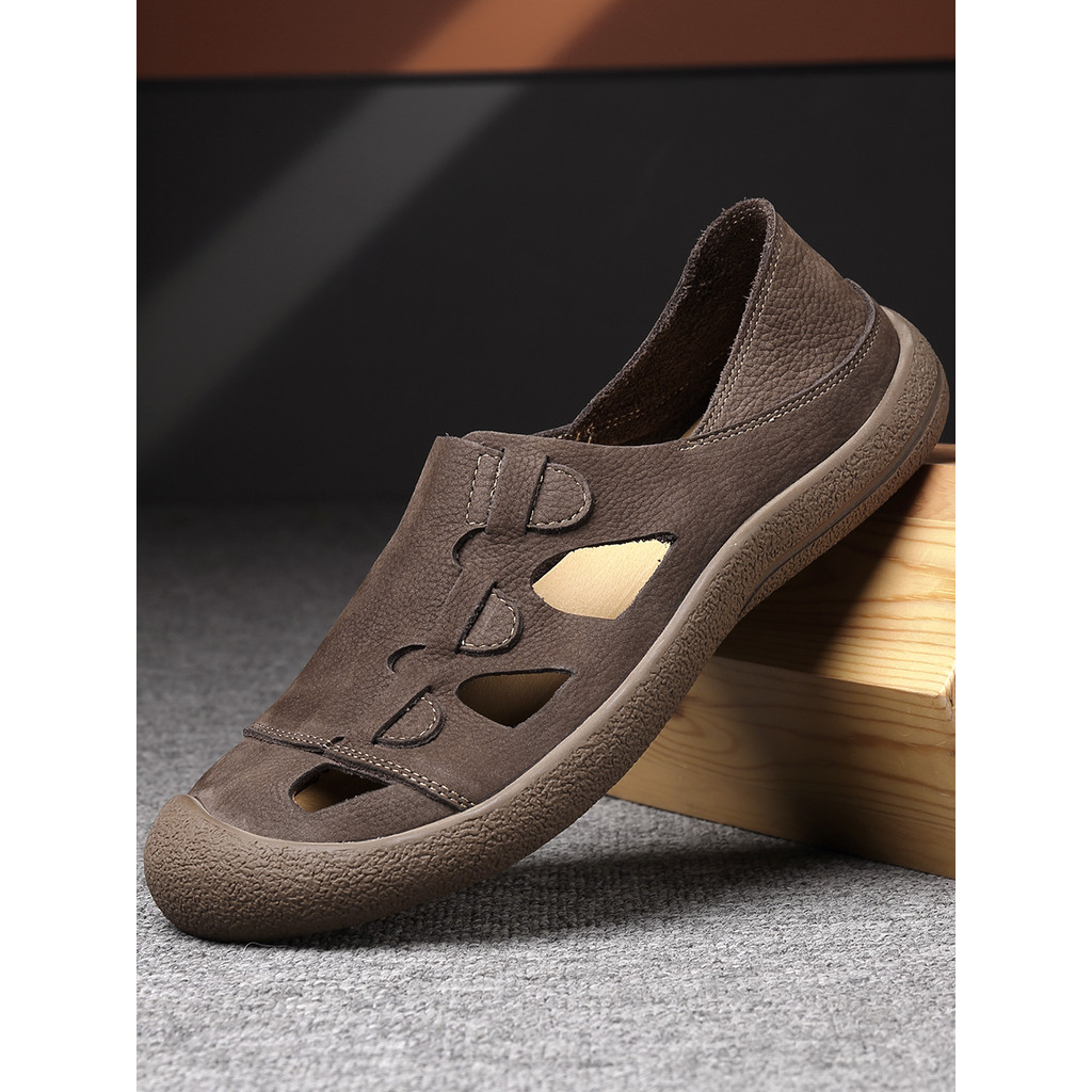 Sandálias de couro genuíno estilo masculino toe-coberto buraco toe-toe camada de couro sapatos masculinos de verão respi