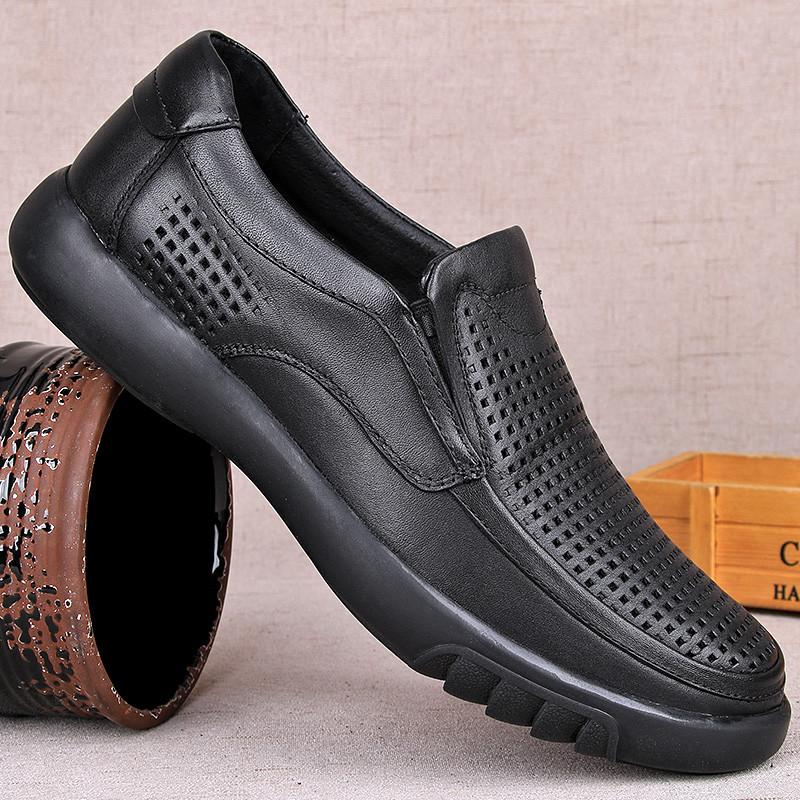 Sapatos de couro casuais masculinos verão respirável camada superior de couro pai sandálias de couro deslizamento em san