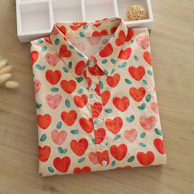 2023 outono novo produto dos desenhos animados impresso amor camisa de manga comprida feminina solta All-Match literário