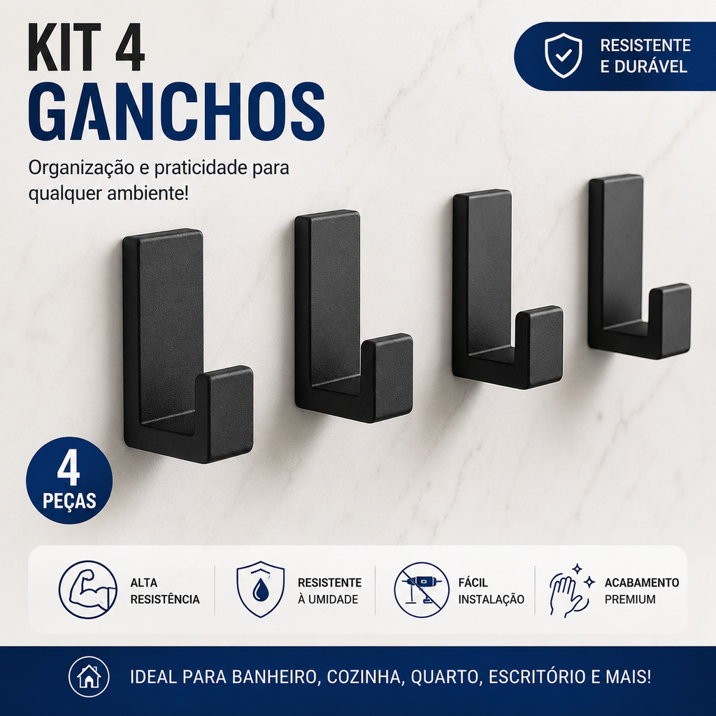 Kit 4 Ganchos Adesivos Parede Preto Sem Furo Multiuso Banheiro Cozinha Quarto Suporte Toalha Cabide Resistente