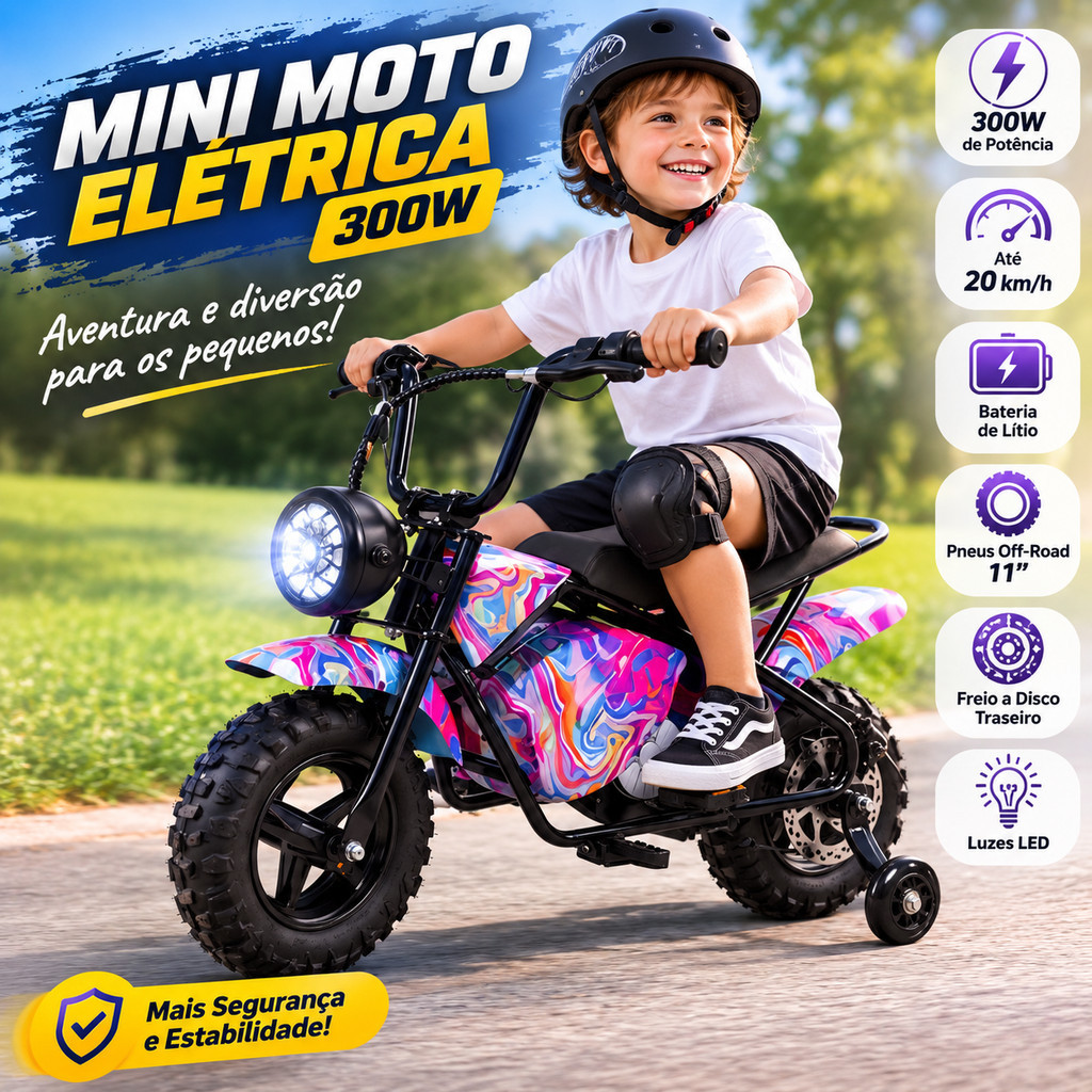 Mini Moto Elétrica Infantil 300W Off Road 20km/h Bateria de Lítio
