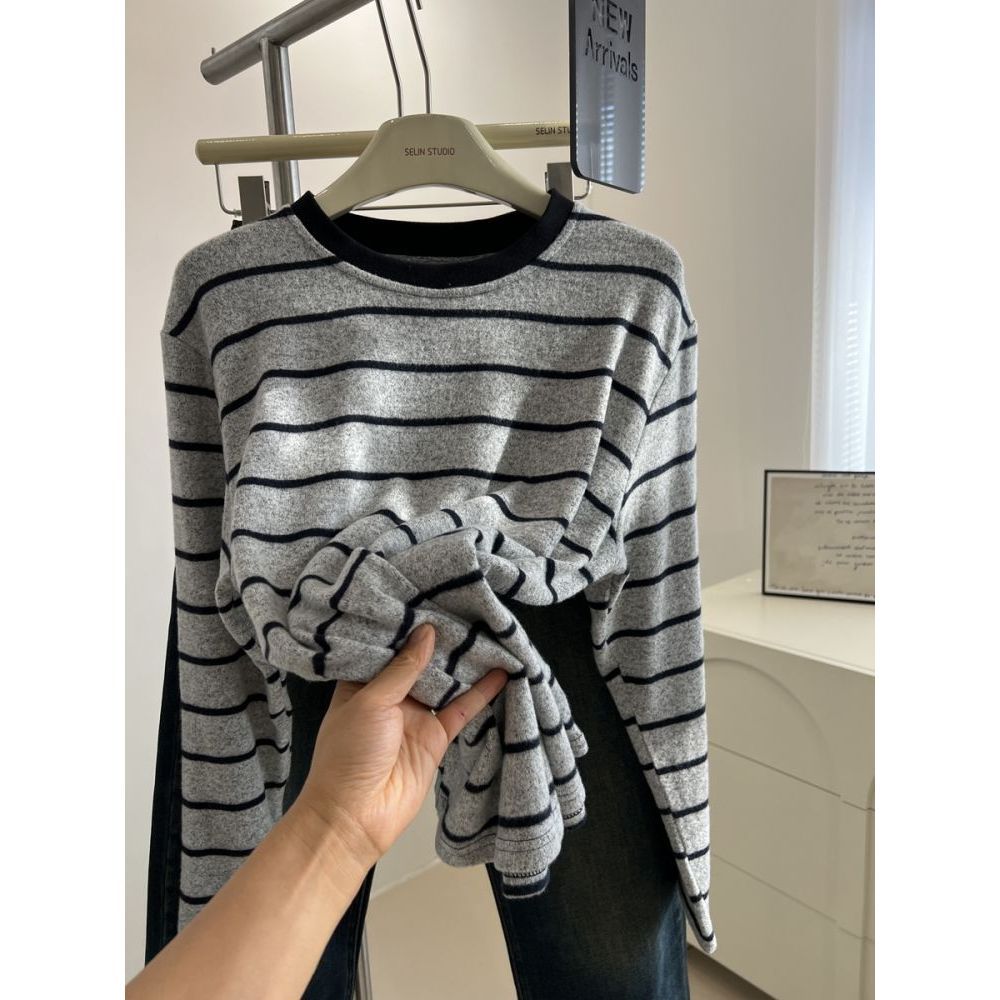 Escovado engrossado preguiçoso contraste cor listrado manga comprida camiseta feminina outono 2025 novo estilo irmã gord