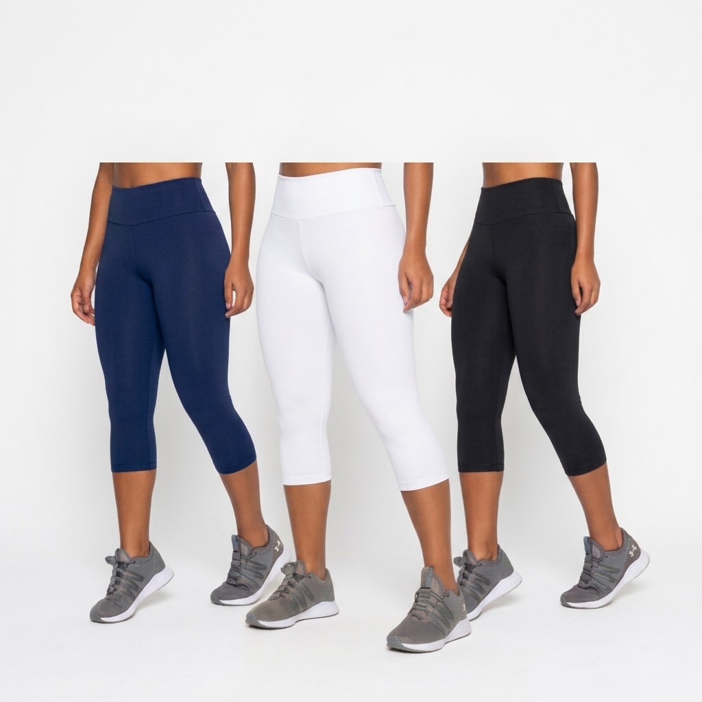 Kit 3 Calças Legging Capri Feminina Suplex Lisa Básica Cós Médio Fitness Academia Treino Caminhada Confortável