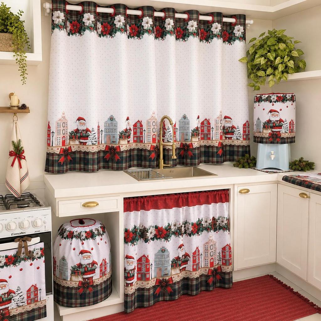 Cortina/ Pia/ Balcão e Vitro Cozinha 2,20m x 80cm Linda Estampa Natalina Papai Noel Xadrez — imagem 2 de 2
