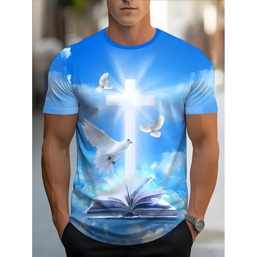 Camiseta masculina moderna com estampa de pombo branco cruzado confortável camiseta esportiva Casual Micro-elástica roup
