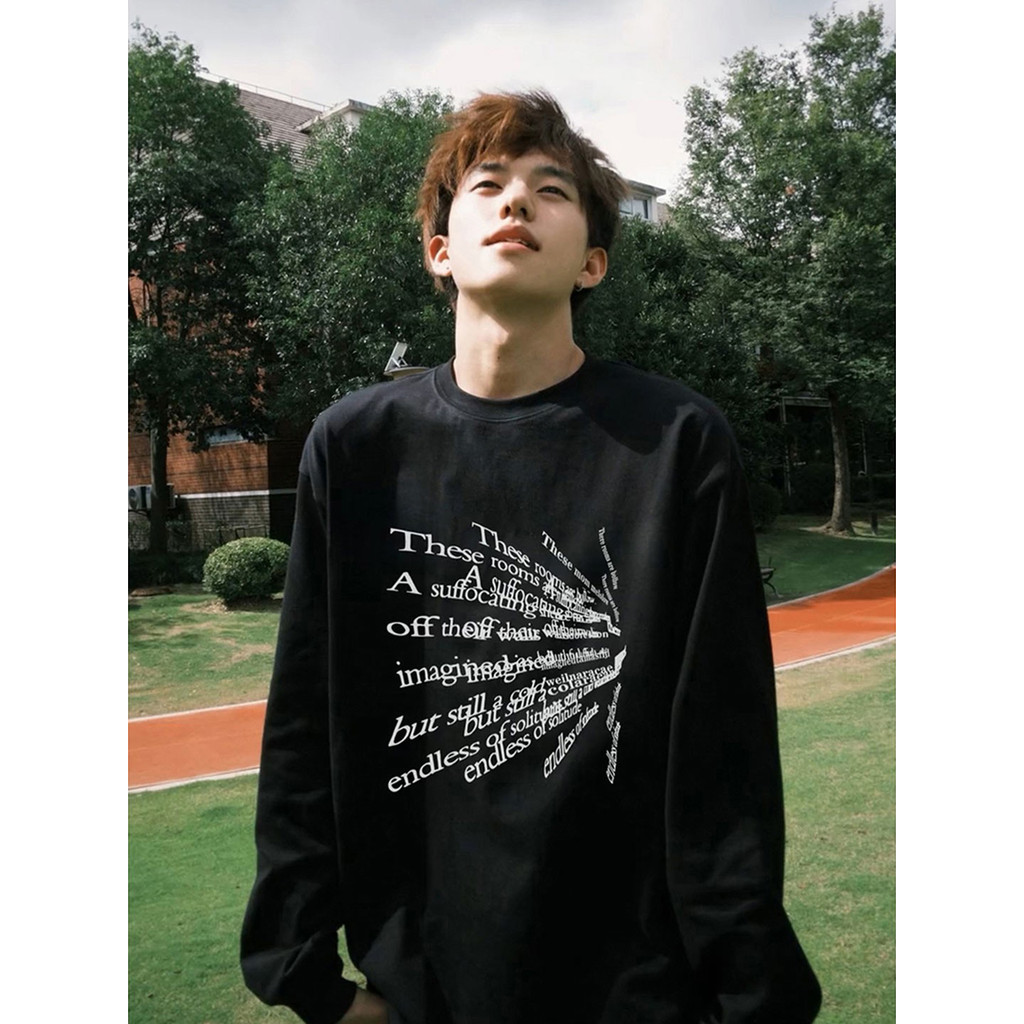 Camiseta de manga comprida estilo americano de alto peso masculino outono carta impressa em torno do pescoço moletom peq