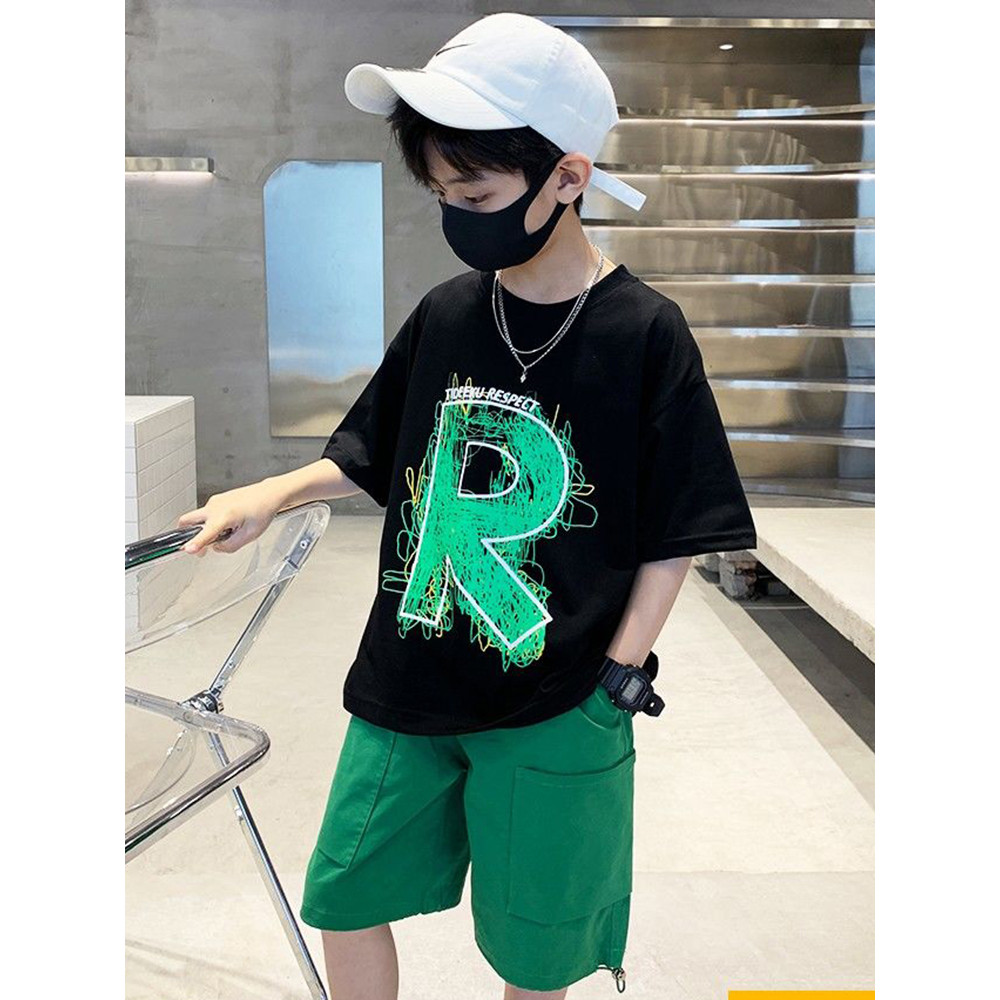 Crianças roupas infantis 2026 R letras estilo ocidental impresso novo estilo meninos camiseta de manga curta puro algodã