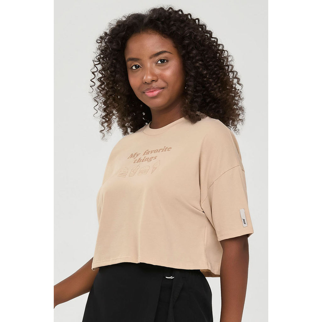 Blusa Cropped Juvenil Menina Estampa Puff Beats Bege