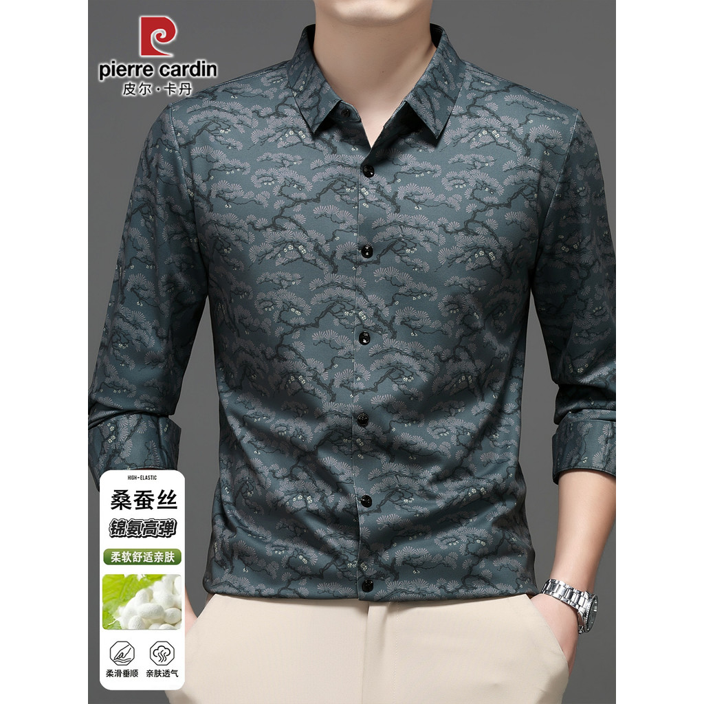 Pierre Cardan Camisa masculina de manga comprida estampada de seda amoreira primavera outono novo estilo moderno Casual 