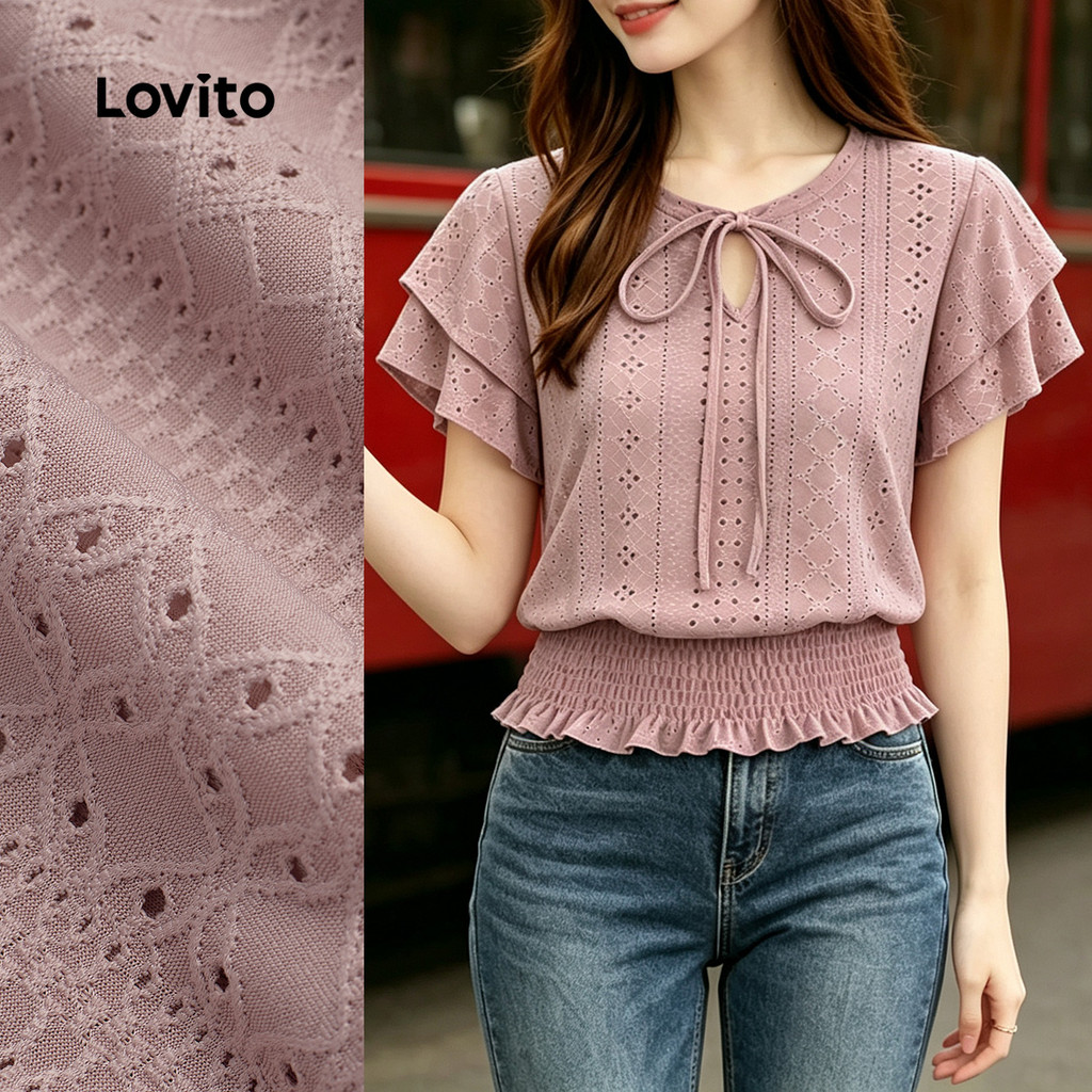 Lovito Blusa Casual com Elástico Nas Mangas Primavera/verão Cinza e rosa L199ED328