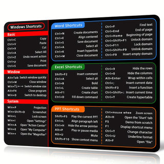 Mouse Pad Gamer Atalhos Windows Excel Word Powerpoint, Mouse Pad Antiderrapante Borda Costurada para PC
