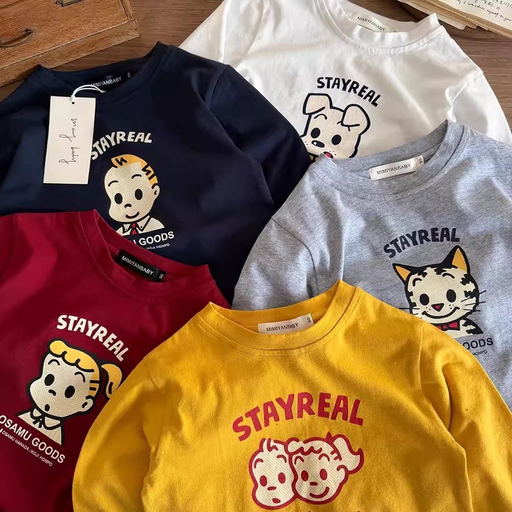 Meninos de manga comprida camiseta primavera outono versão coreana puro algodão simples moda impressão dos desenhos anim