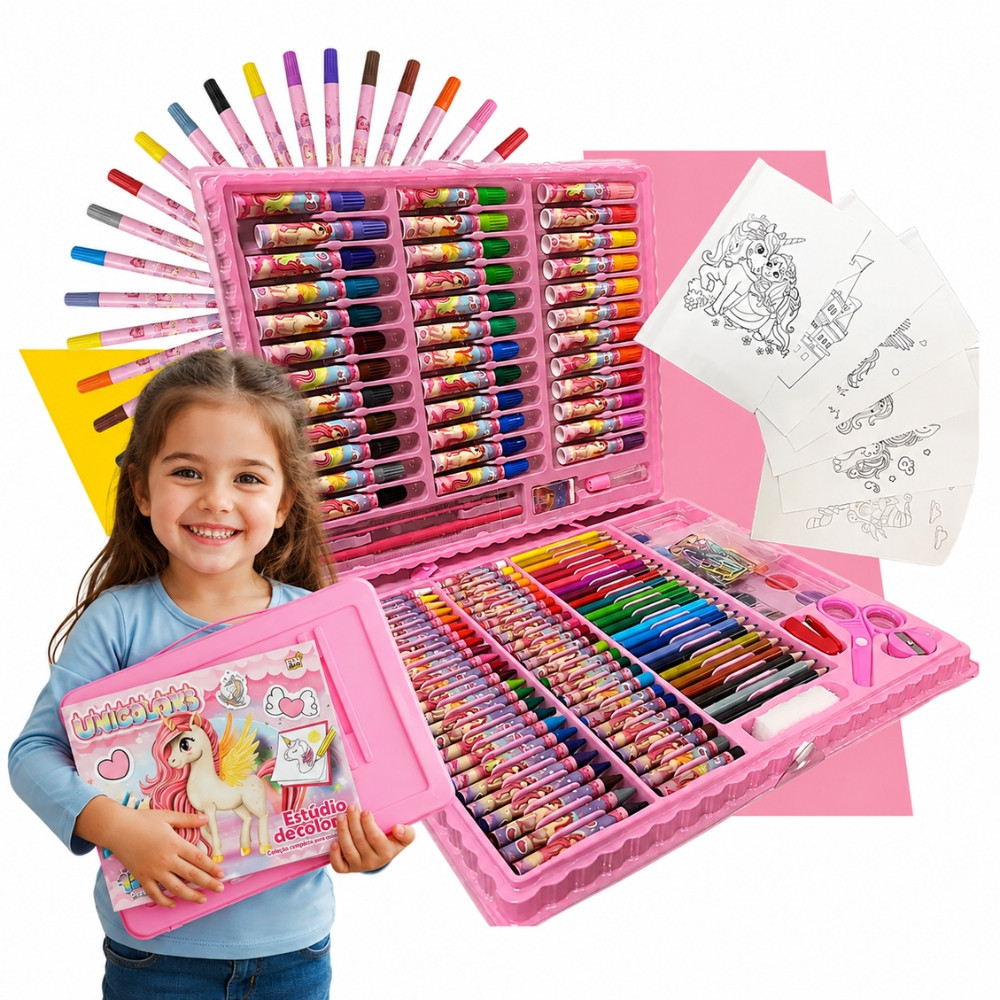 Kit Estojo Maleta Pintura Colorir 150 Peças Escolar Infantil Canetinha Giz Lápis Divertir Pintar Estojo Completo Volta A