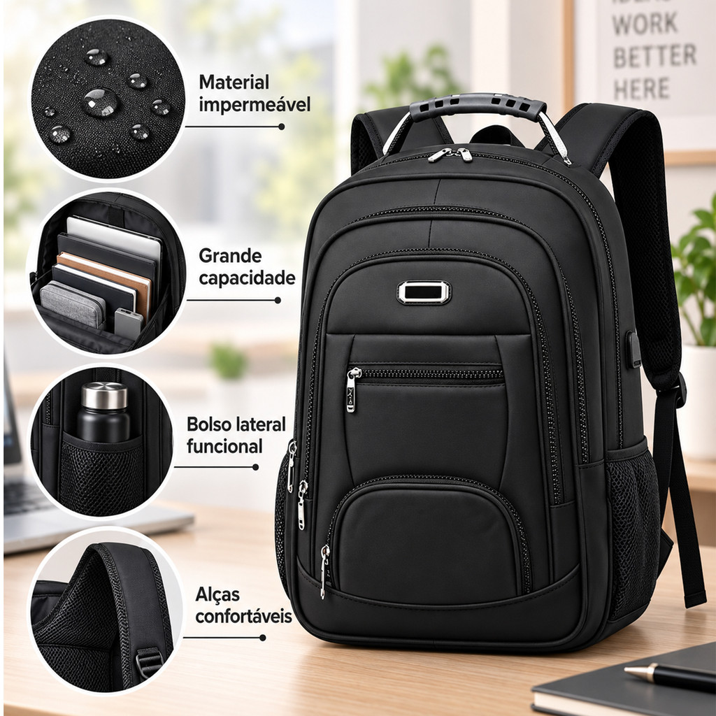 Mochila Masculina de Costas Impermeável Grande Capacidade Notebook até 19 Polegadas Multicompartimentos