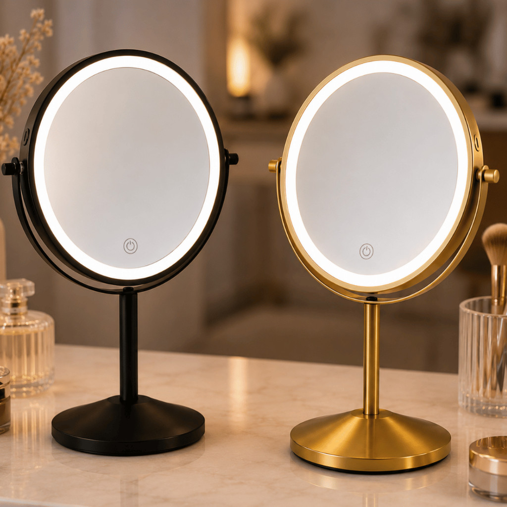 Espelho Maquiagem de Mesa com LED Touch Dupla Face 10x Recarregável USB-C Redondo para Bancada