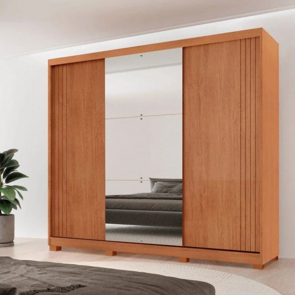 Guarda-Roupa Casal 100% MDF 3 Portas de Correr 4 Gavetas 6 Prat c/ Pés e Espelho Chile Marrom/Mar Naturalle