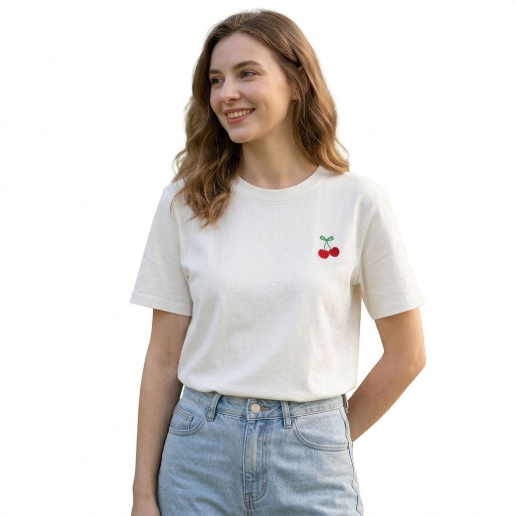 Camisa cereja feminina moda verão casual delicada 100% algodão blogueirinha estilo camiseta minimalista