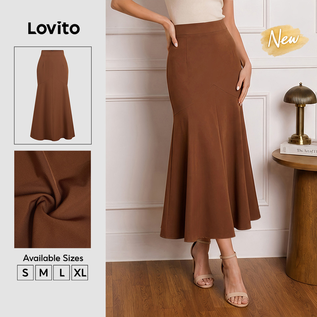 (New Arrival) Lovito Saias Elegantes com Zíper para Primavera/verão Marrom para Mulheres Evangelical SKB38BR189