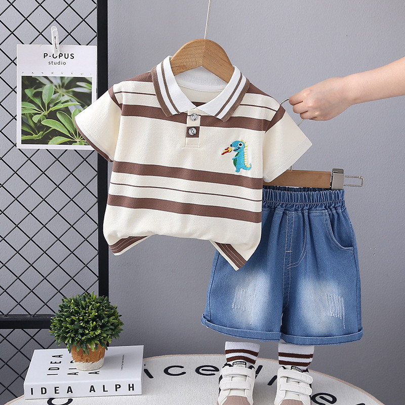 Novo Verão Crianças Moda Bonito Dinossauro Impressão 2 Pçs Roupas Da Criança Meninos Listrado Polo Camiseta + Shorts Jea