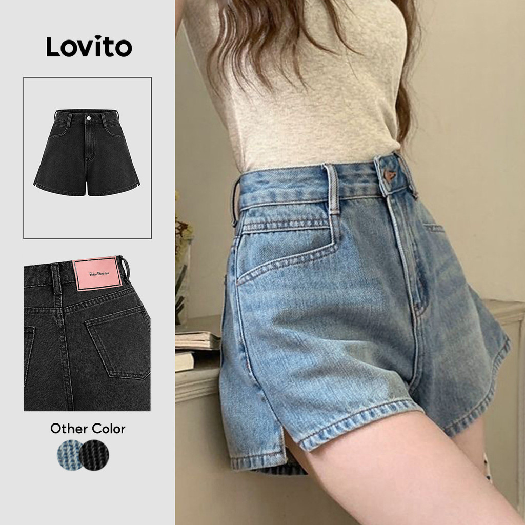 Lovito Cintura Alta Shorts de Ganga Azul Lavados com Bolsos Divididos para Primavera/verão Casuais para mulheres L191AD081