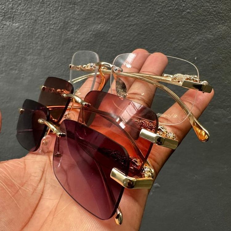 Óculos de sol Cheetah Leopardo + Case Porta Óculos Minimalista metal sem Aro Lente Transparente Armação Dourado Yakusa