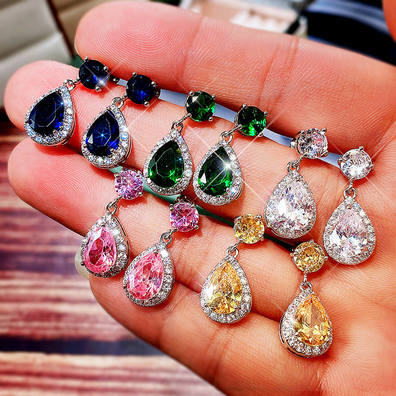 Moda brincos gota de água AAA zircão brincos cobre incrustado com diamantes esmeralda Multi-cor opcional brincos jóias p