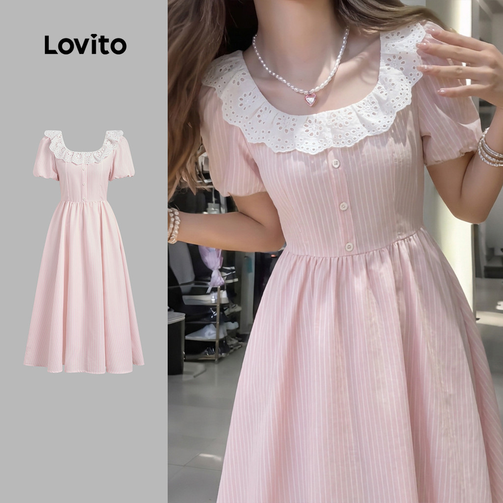 Lovito Vestido Elegante Rosa Fofo Com Babados No Decote E Botões Primavera/Verão DRK8TD150