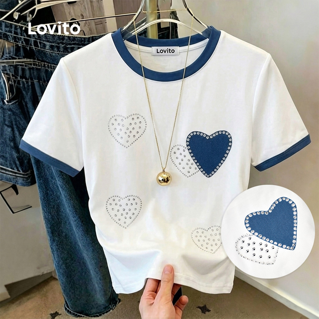 Lovito Camiseta Casual Coração Cores Contrastantes Primavera/verão Off White para Mulheres TSB199P2D788