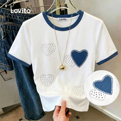 Lovito Camiseta Casual Coração Cores Contrastantes Primavera/verão Off White para Mulheres TSB199P2D788