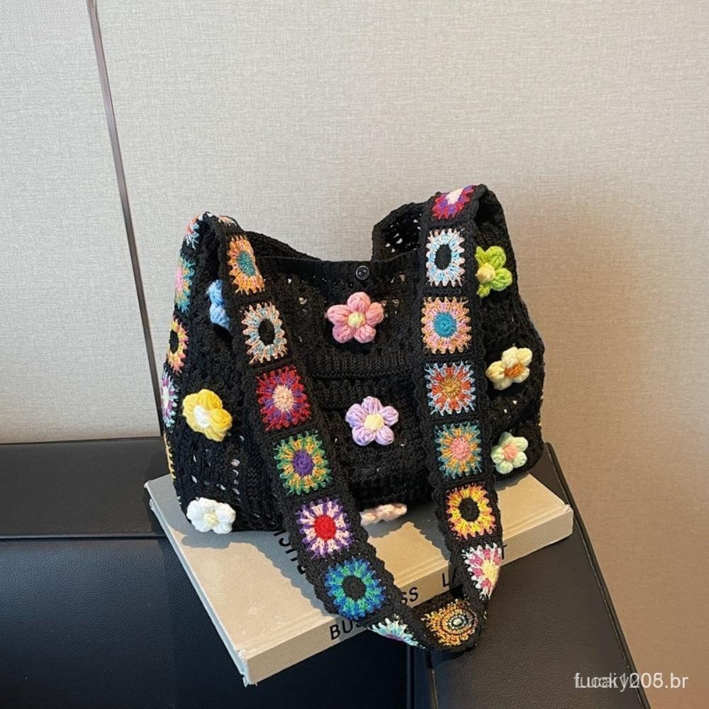 Bolsas Crossbody HDHD , Bolsa De Ombro Feminina De Crochê Floral Boho , Sacola Multicolorida Vintage De Grande Capacidad