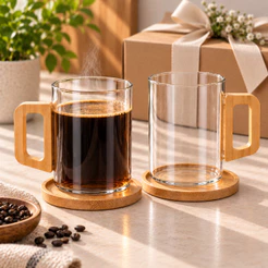 Kit 2 Xícaras Canecas de Vidro 350ml Com Pires E Alça de Bambu