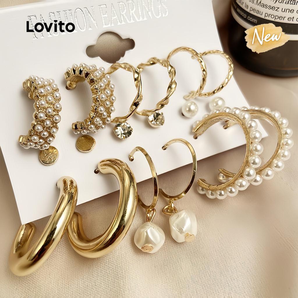 (New Arrival) Lovito Brincos De Argola Casuais Da Moda Coreana Modernos Com Pérolas Vintage ERD001BR025