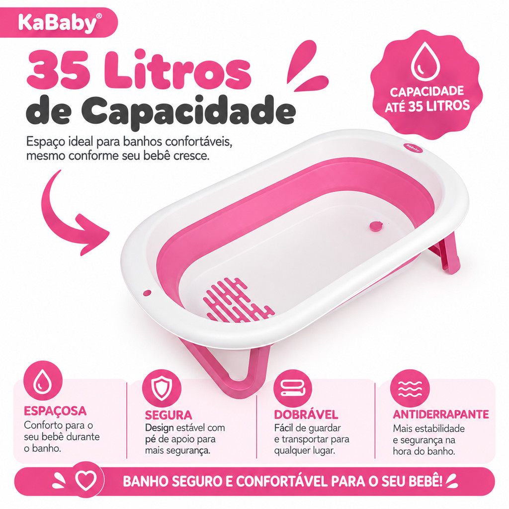 Super Banheira Infantil Dobrável 35L Antiderrapante KaBaby - Rosa
