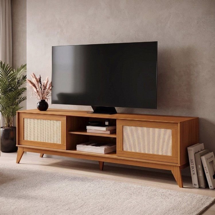 Rack para TV até 55 Polegadas 100% MDF 180cm Portas em Tela Rattan Andros Marrom Cedro Cedro