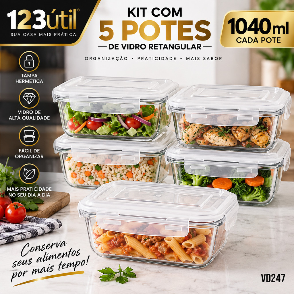 Kit 5 Potes de Vidro Retangular 1040ml com Tampa Hermética Marmita Organização Cozinha