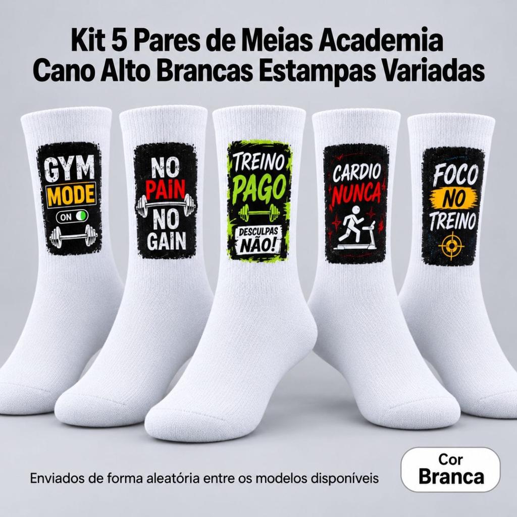 Kit 5 Pares Meias Fitness Brancas Cano Médio - Estampas Variadas, Tecido Macio e Respirável (Envio Aleatório)