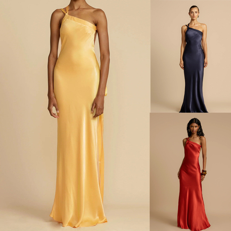 Primavera verão novo estilo festa Diagonal ombro magro-ajuste vestido Casual moda vestido de seda