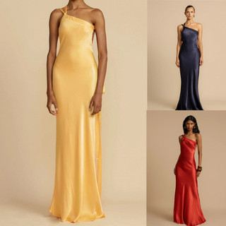 Primavera verão novo estilo festa Diagonal ombro magro-ajuste vestido Casual moda vestido de seda