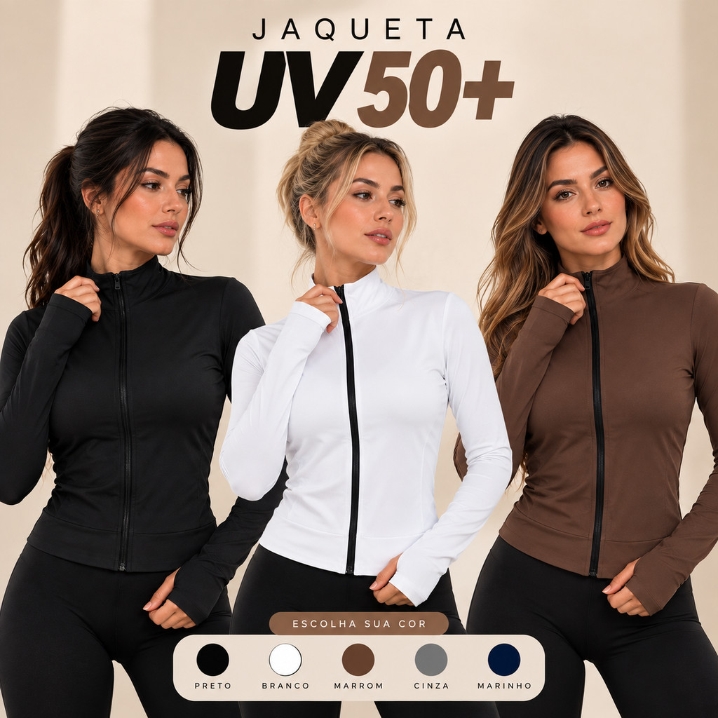 Jaqueta Feminina UV 50+ Proteção Solar Dry Fit Manga Longa Zíper Dedinho Casaco Fitness Academia Corrida