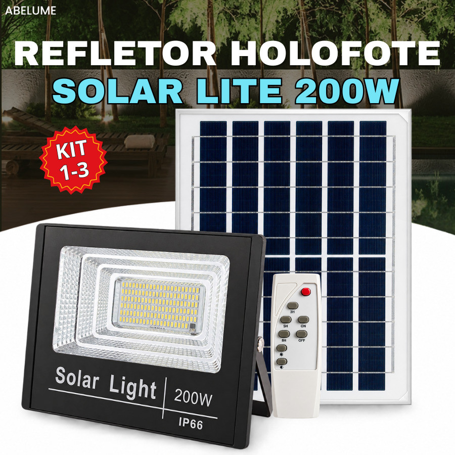 Holofote Refletor Solar 200W Lite Super Led IP66 Acompanha Placa Solar Luz Branco Frio 6500K