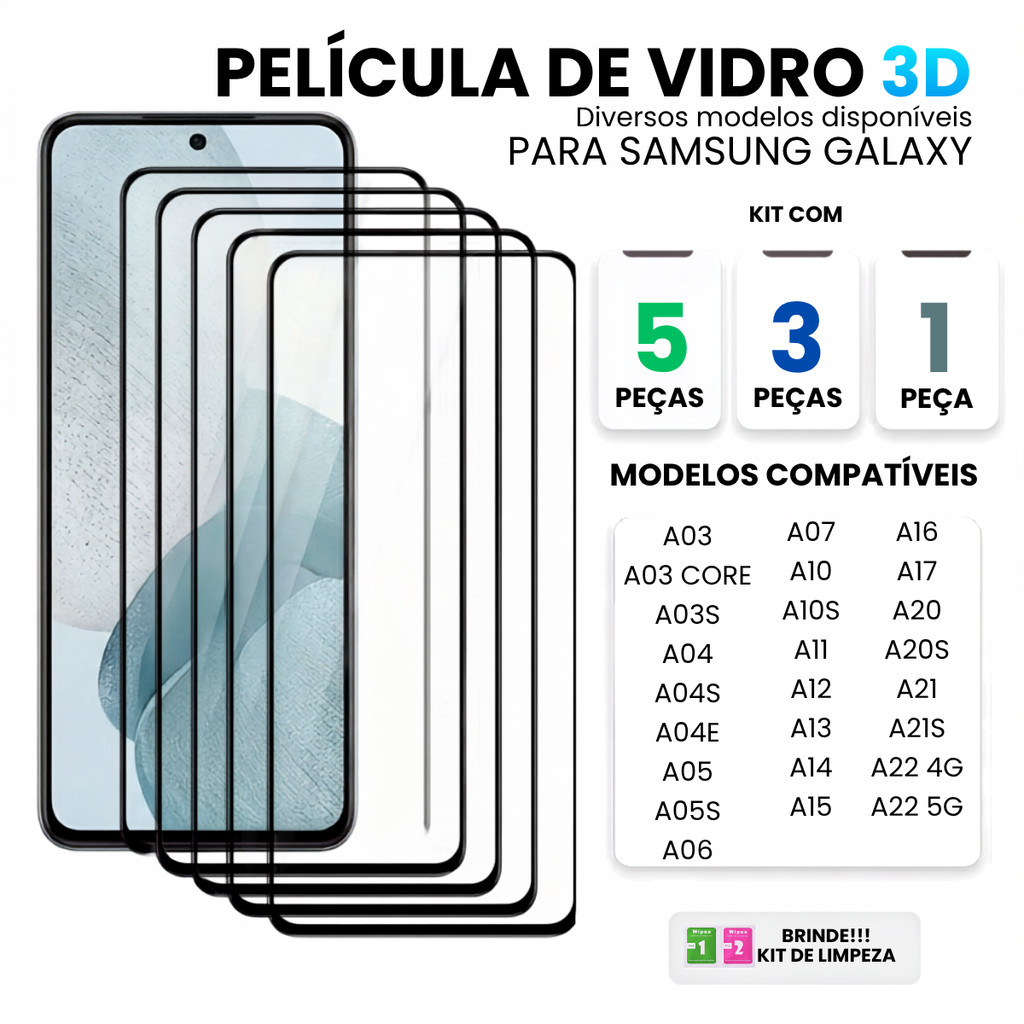 Película 3D De Vidro Temperado Compatível Galaxy A03 A04 A05 A06 A07 A10 A11 A12 A13 A14 A15 A16 A17
