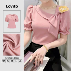 (New Arrival) Lovito Blusa Rosa Feminina De Manga Curta Gola assimétrica E Linhas Estruturais Trabalho primavera/verão BLK10P1D1123